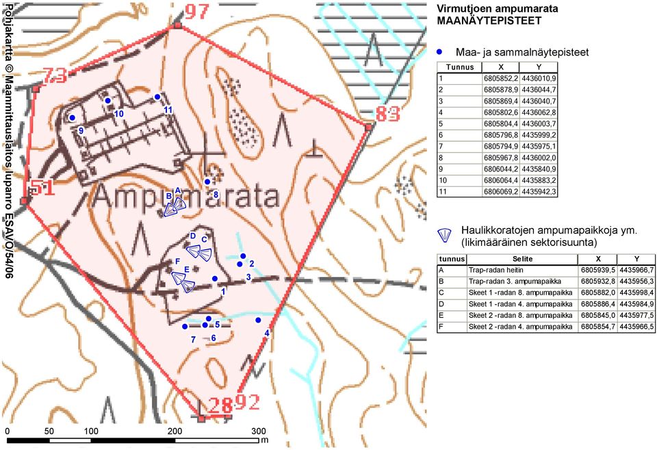 6806069,2 4435942,3 Haulikkoratojen ampumapaikkoja ym. (likimääräinen sektorisuunta) tunnus Selite X Y A Trap-radan heitin 6805939,5 4435966,7 B Trap-radan 3.