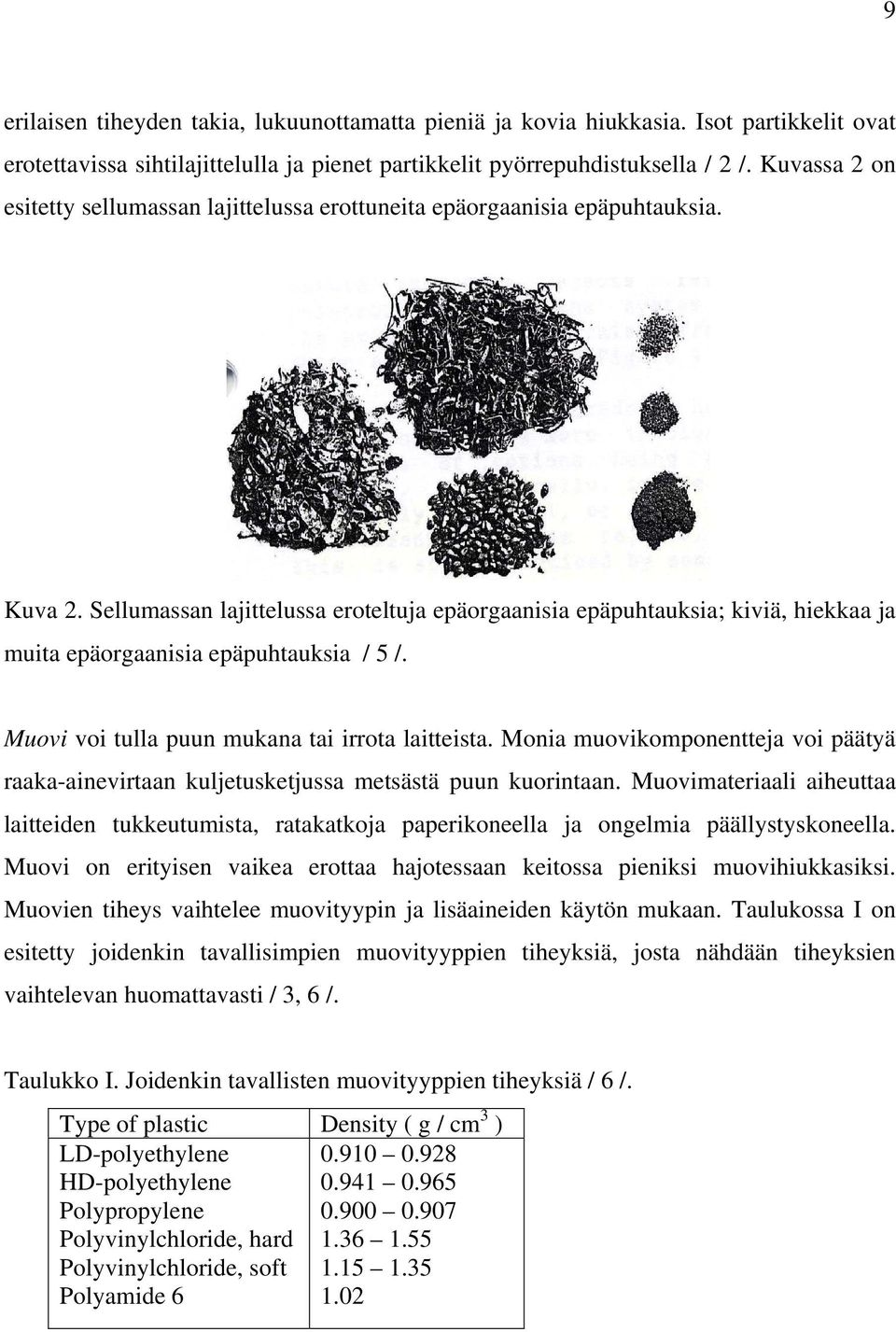 Sellumassan lajittelussa eroteltuja epäorgaanisia epäpuhtauksia; kiviä, hiekkaa ja muita epäorgaanisia epäpuhtauksia / 5 /. Muovi voi tulla puun mukana tai irrota laitteista.