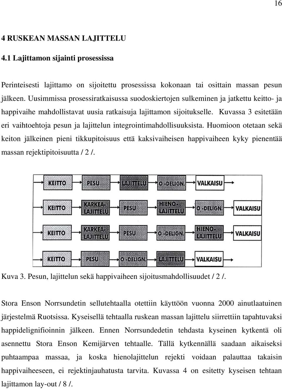 Kuvassa 3 esitetään eri vaihtoehtoja pesun ja lajittelun integrointimahdollisuuksista.