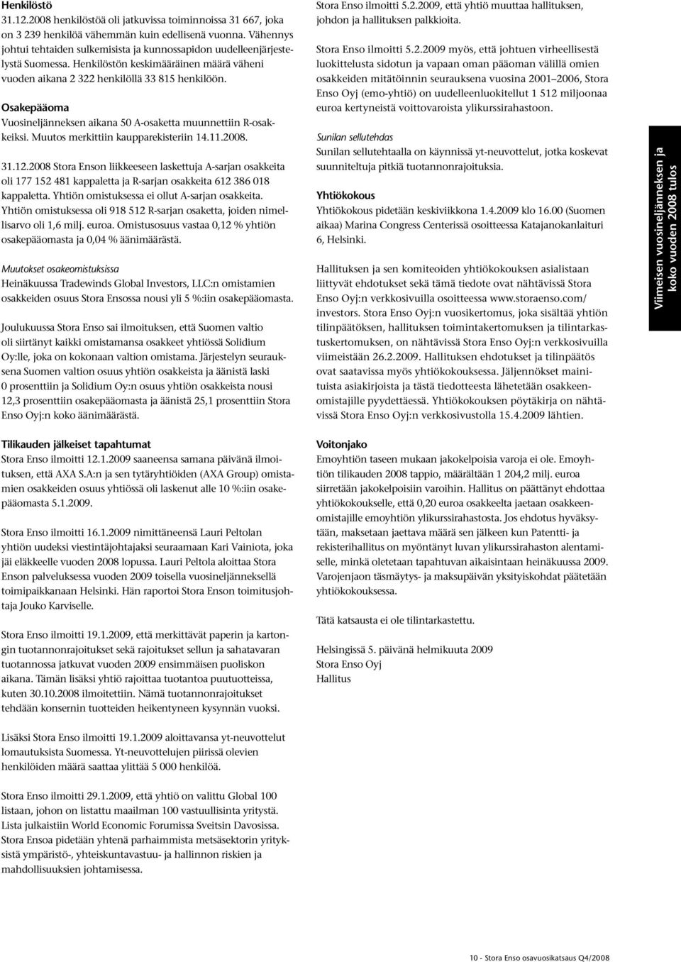 Osakepääoma Vuosineljänneksen aikana 50 A-osaketta muunnettiin R-osakkeiksi. Muutos merkittiin kaupparekisteriin 14.11.2008. 31.12.