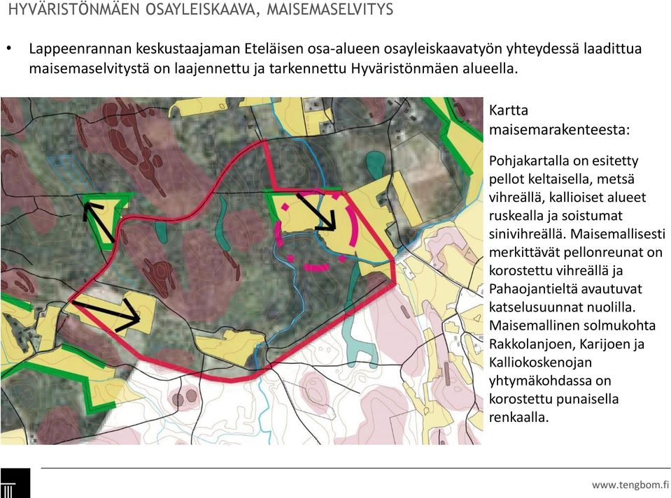 Kartta maisemarakenteesta: Pohjakartalla on esitetty pellot keltaisella, metsä vihreällä, kallioiset alueet ruskealla ja soistumat sinivihreällä.