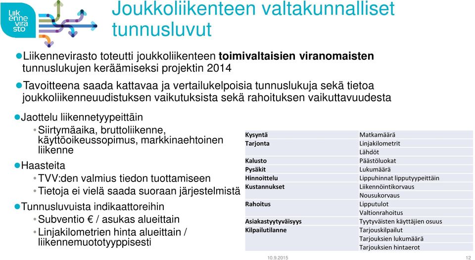 markkinaehtoinen liikenne Haasteita TVV:den valmius tiedon tuottamiseen Tietoja ei vielä saada suoraan järjestelmistä Tunnusluvuista indikaattoreihin Subventio / asukas alueittain Linjakilometrien