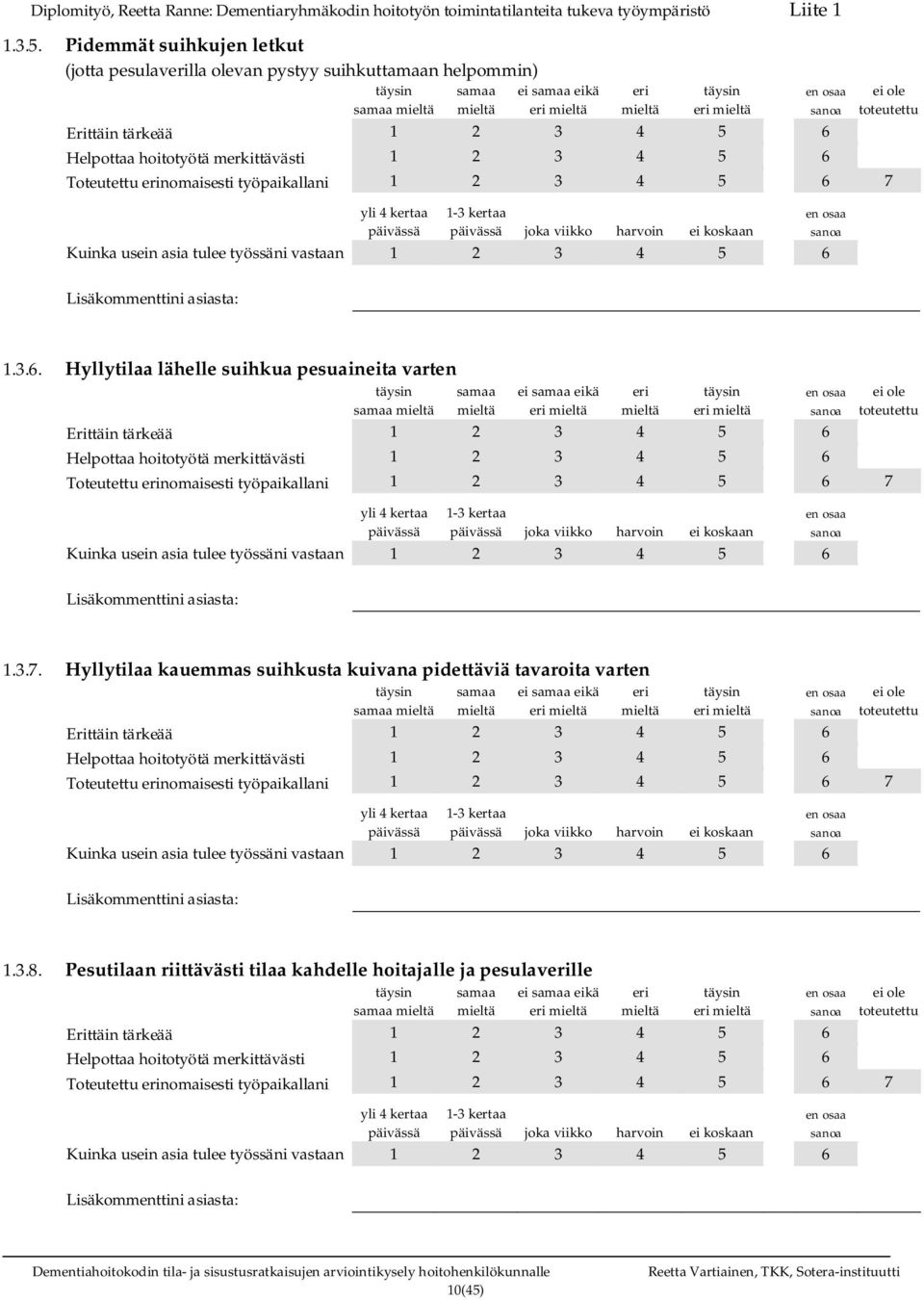 ei koskaan 1.3.6. Hyllytilaa lähelle suihkua pesuaineita varten ei eikä Toteutettu nomaisesti työpaikallani 1 2 3 4 5 6 7 