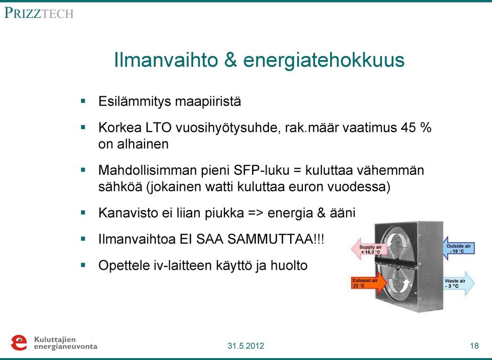 sähköä (jokainen watti kuluttaa euron vuodessa) Kanavisto ei liian piukka => energia