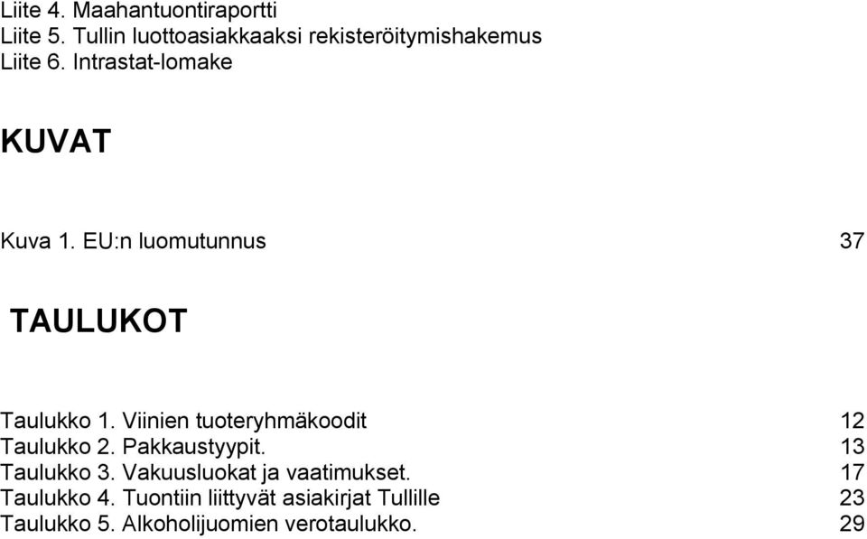 EU:n luomutunnus 37 TAULUKOT Taulukko 1. Viinien tuoteryhmäkoodit 12 Taulukko 2.