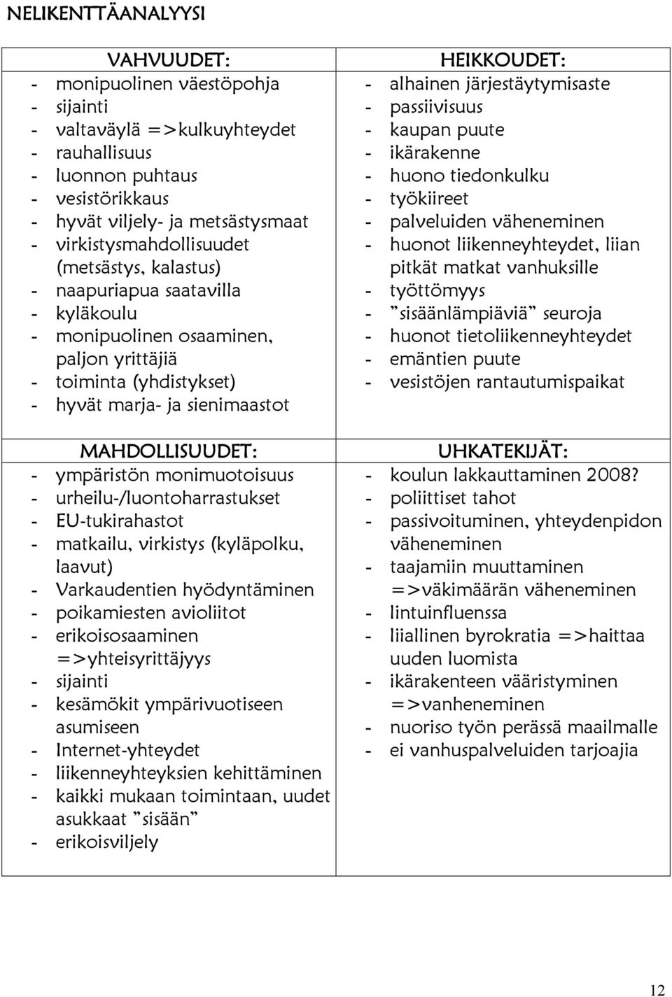 ympäristön monimuotoisuus - urheilu-/luontoharrastukset - EU-tukirahastot - matkailu, virkistys (kyläpolku, laavut) - Varkaudentien hyödyntäminen - poikamiesten avioliitot - erikoisosaaminen