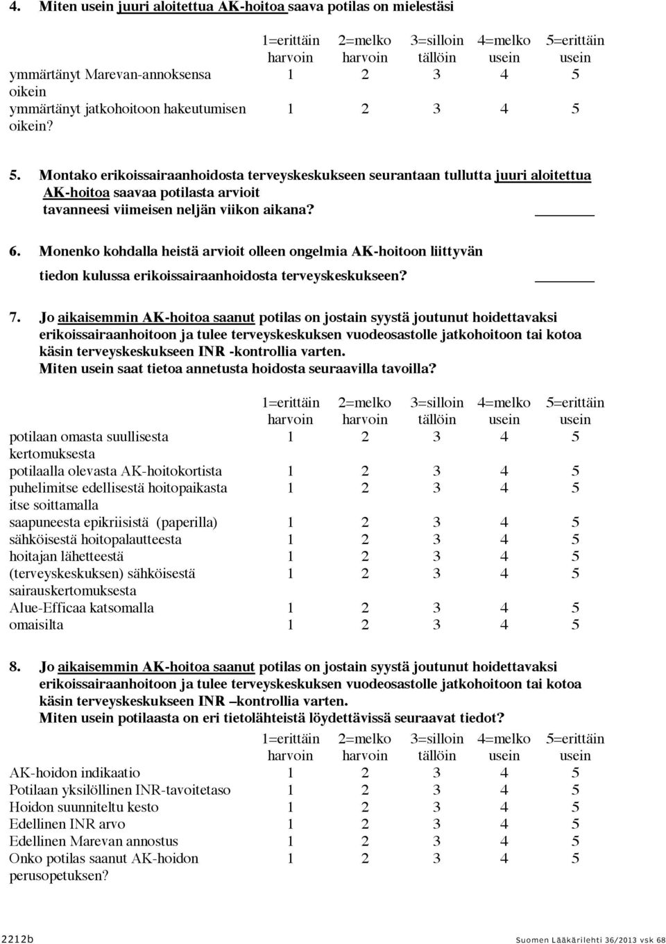 Montako erikoissairaanhoidosta terveyskeskukseen seurantaan tullutta juuri aloitettua AK-hoitoa saavaa potilasta arvioit tavanneesi viimeisen neljän viikon aikana? 6.