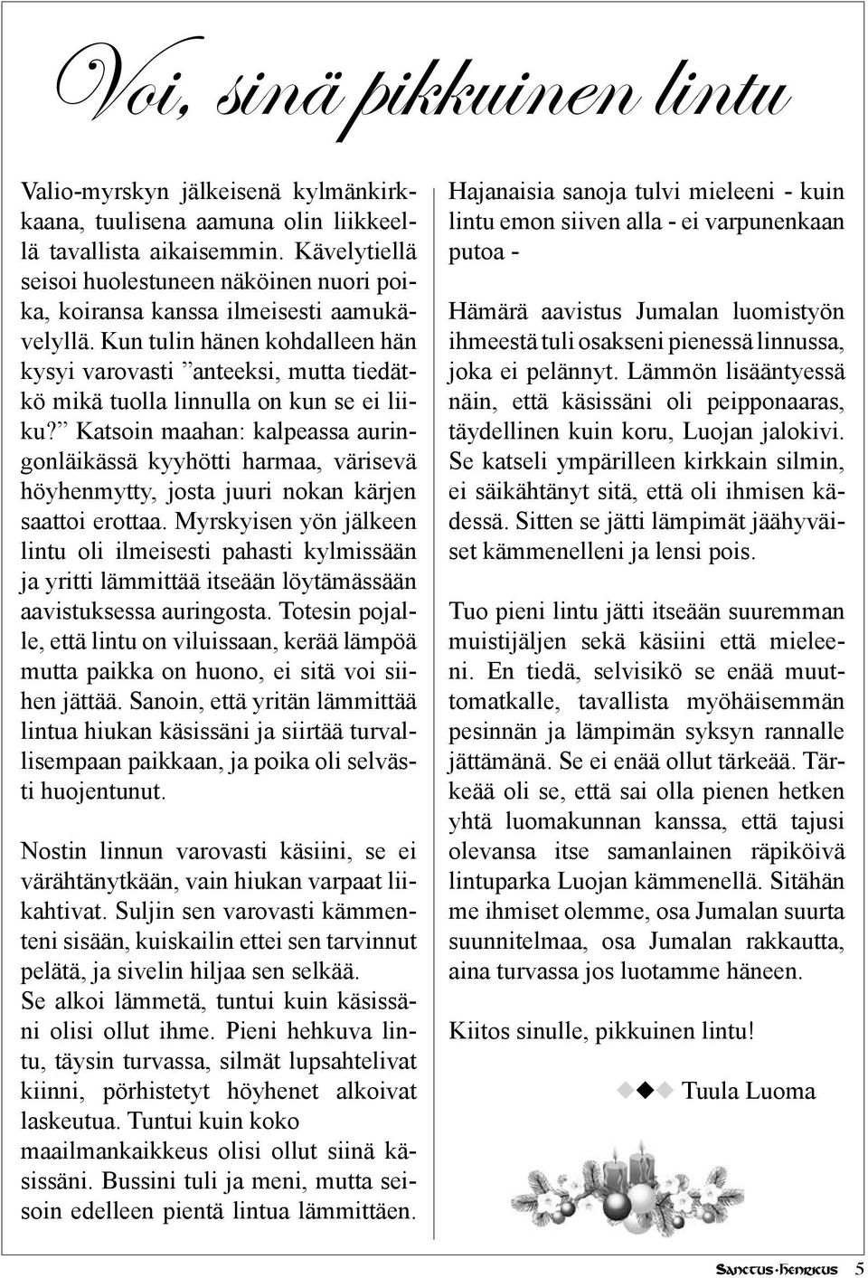Kun tulin hänen kohdalleen hän kysyi varovasti anteeksi, mutta tiedätkö mikä tuolla linnulla on kun se ei liiku?