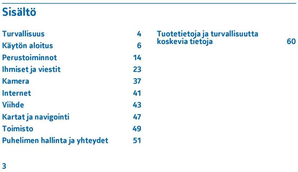 Kartat ja navigointi 47 Toimisto 49 Puhelimen hallinta ja