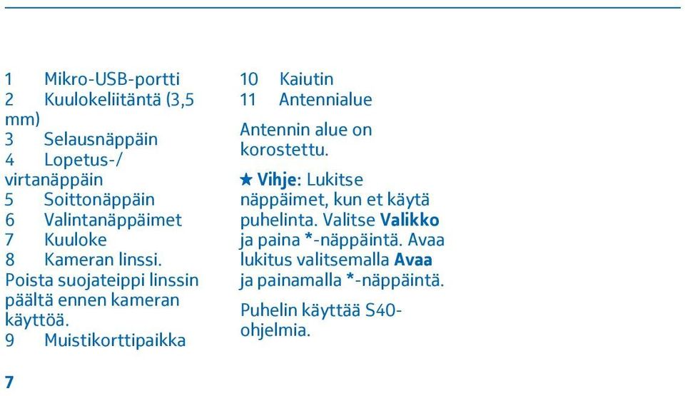 9 Muistikorttipaikka 10 Kaiutin 11 Antennialue Antennin alue on korostettu.