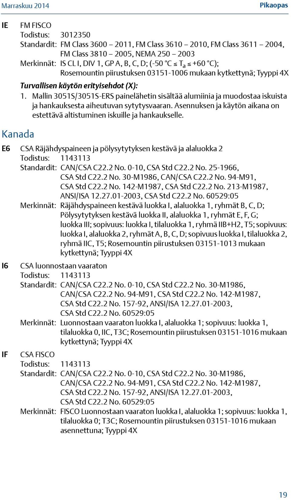 Mallin 3051S/3051S-ERS painelähetin sisältää alumiinia ja muodostaa iskuista ja hankauksesta aiheutuvan sytytysvaaran. Asennuksen ja käytön aikana on estettävä altistuminen iskuille ja hankaukselle.