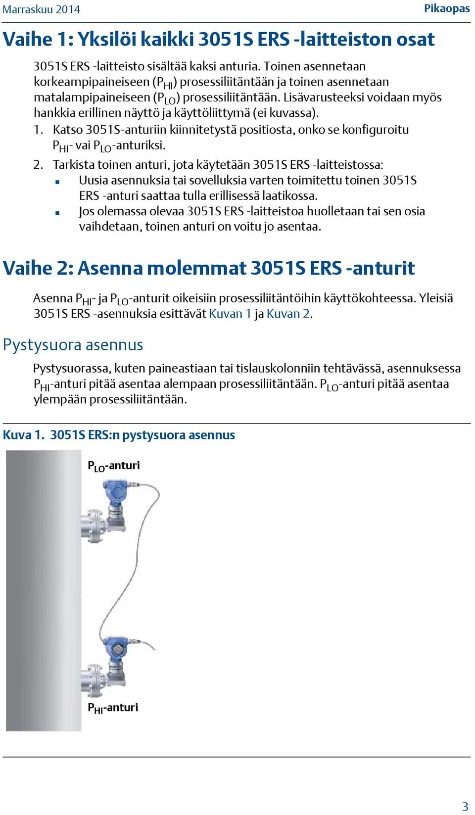 Lisävarusteeksi voidaan myös hankkia erillinen näyttö ja käyttöliittymä (ei kuvassa). 1. Katso 3051S-anturiin kiinnitetystä positiosta, onko se konfiguroitu P HI -vaip LO -anturiksi. 2.