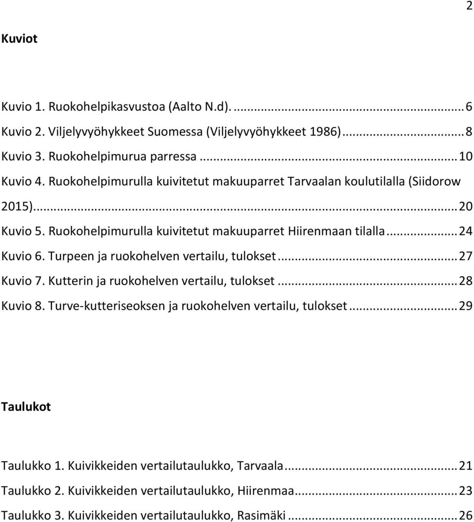 Turpeen ja ruokohelven vertailu, tulokset... 27 Kuvio 7. Kutterin ja ruokohelven vertailu, tulokset... 28 Kuvio 8. Turve-kutteriseoksen ja ruokohelven vertailu, tulokset.