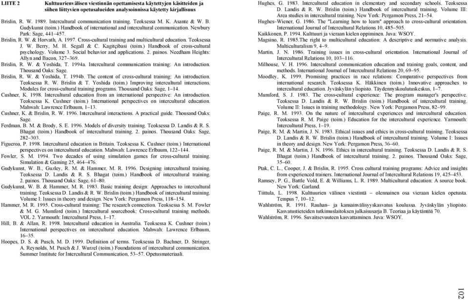 1997. Cross cultural training and multicultural education. Teoksessa J. W. Berry, M. H. Segall & C. Kagitçibasi (toim.) Handbook of cross cultural psychology. Volume 3.