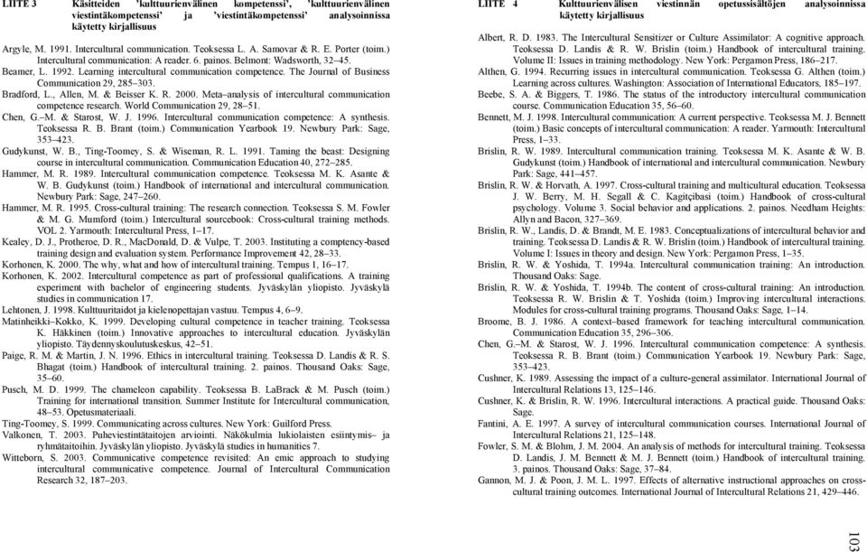 The Journal of Business Communication 29, 285 303. Bradford, L., Allen, M. & Beisser K. R. 2000. Meta analysis of intercultural communication competence research. World Communication 29, 28 51.