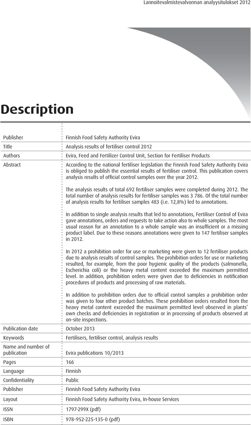 the essential results of fertiliser control. This publication covers analysis results of official control samples over the year 2012.