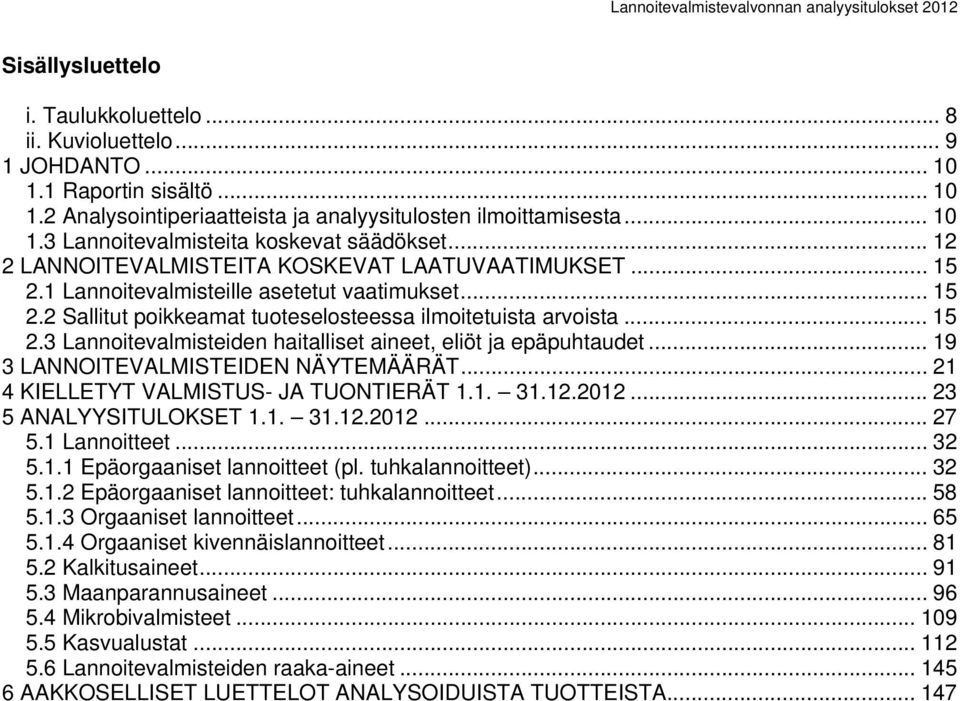 .. 15 2.3 Lannoitevalmisteiden haitalliset aineet, eliöt ja epäpuhtaudet... 19 3 LANNOITEVALMISTEIDEN NÄYTEMÄÄRÄT... 21 4 KIELLETYT VALMISTUS- JA TUONTIERÄT 1.1. 31.12.2012... 23 5 ANALYYSITULOKSET 1.