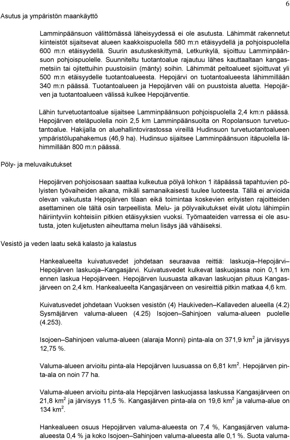 Suurin asutuskeskittymä, Letkunkylä, sijoittuu Lamminpäänsuon pohjoispuolelle. Suunniteltu tuotantoalue rajautuu lähes kauttaaltaan kangasmetsiin tai ojitettuihin puustoisiin (mänty) soihin.