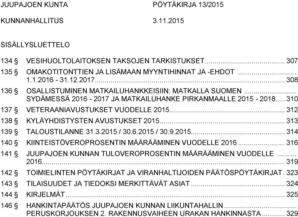 .. 312 138 KYLÄYHDISTYSTEN AVUSTUKSET 2015... 313 139 TALOUSTILANNE 31.3.2015 / 30.6.2015 / 30.9.2015... 314 140 KIINTEISTÖVEROPROSENTIN MÄÄRÄÄMINEN VUODELLE 2016.
