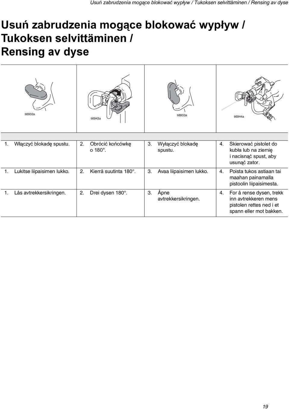 Skierowaæ pistolet do kub³a lub na ziemiê i nacisn¹æ spust, aby usun¹æ zator. 1. Lukitse liipaisimen lukko. 2. Kierrä suutinta 180. 3. Avaa liipaisimen lukko. 4.