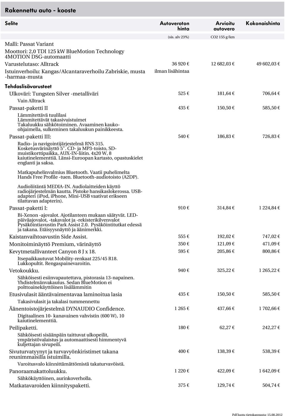 Istuinverhoilu: Kangas/Alcantaraverhoilu Zabriskie, musta -harmaa-musta ilman lisähintaa Tehdaslisävarusteet Ulkoväri: Tungsten Silver -metalliväri 525 181,64 706,64 Vain Alltrack Passat-paketti II