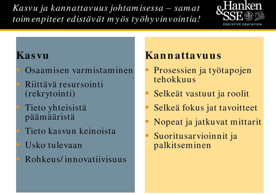 kasvun keinoista Usko tulevaan Rohkeus/innovatiivisuus Kannattavuus Prosessien ja työtapojen