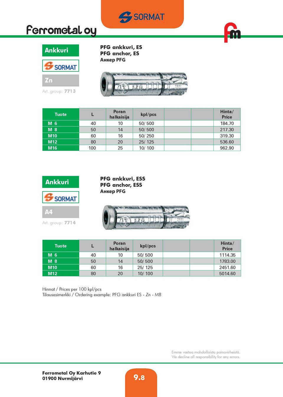 90 PFG ankkuri, ESS PFG anchor, ESS Анкер PFG A4 Art. group: 7714 L Poran halkaisija M 6 40 10 50/ 500 1114.