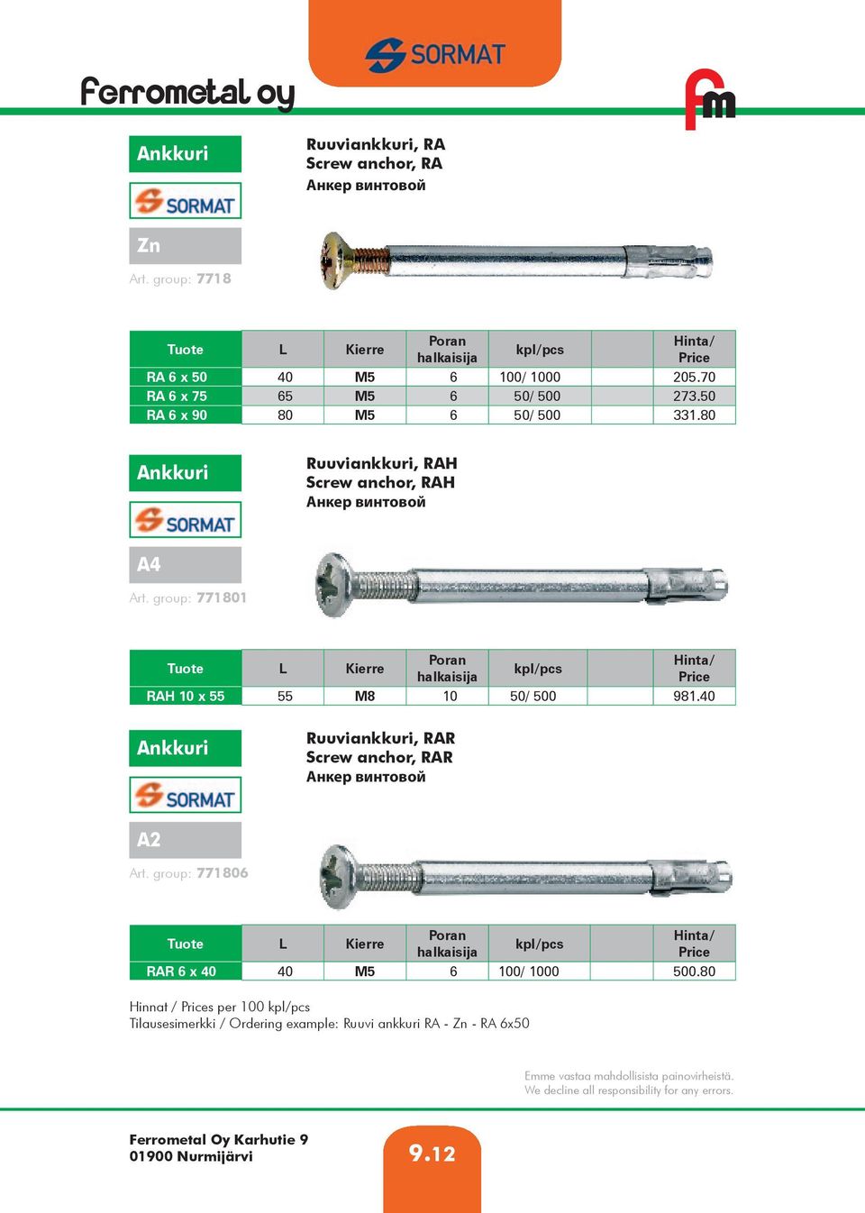 group: 771801 L Kierre Poran halkaisija RAH 10 x 55 55 M8 10 50/ 500 981.40 Ruuviankkuri, RAR Screw anchor, RAR Анкер винтовой A2 Art.