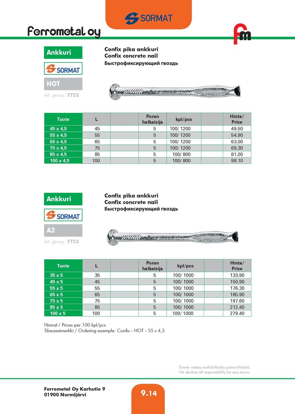 10 Confix pika ankkuri Confix concrete nail Быстрофиксирующий гвоздь A2 Art. group: 7723 L Poran halkaisija 35 x 5 35 5 100/ 1000 133.90 45 x 5 45 5 100/ 1000 150.