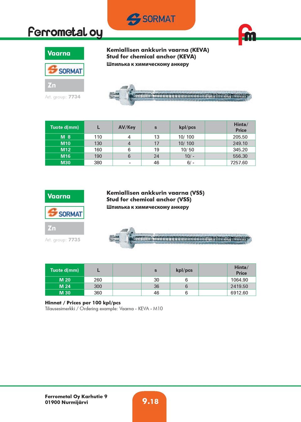 30 M30 380-46 6/ - 7257.60 Vaarna Kemiallisen ankkurin vaarna (VSS) Stud for chemical anchor (VSS) Шпилька к химическому анкеру Zn Art.