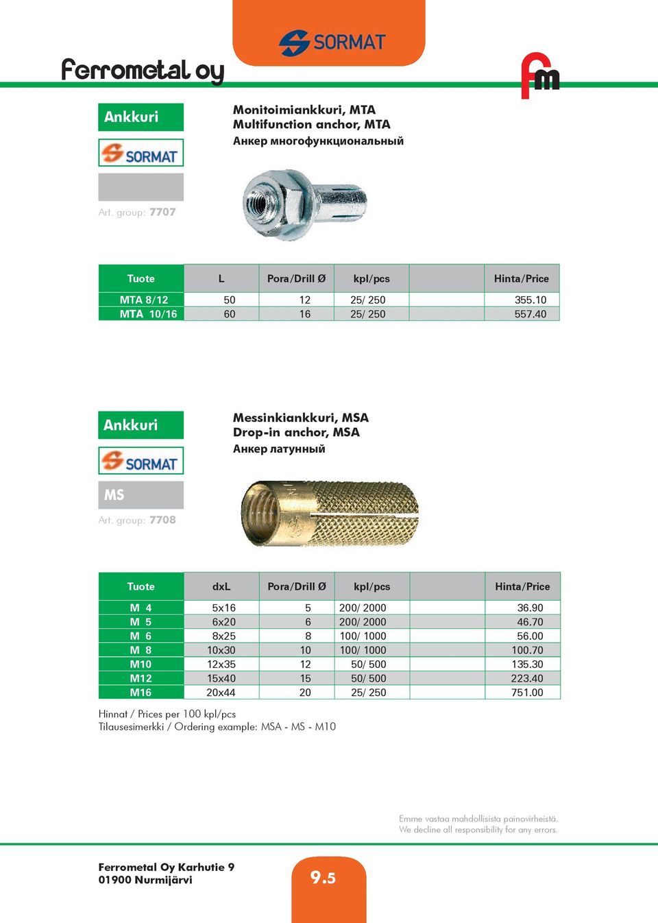 40 Messinkiankkuri, MSA Drop-in anchor, MSA Анкер латунный MS Art. group: 7708 dxl Pora/Drill Ø M 4 5x16 5 200/ 2000 36.