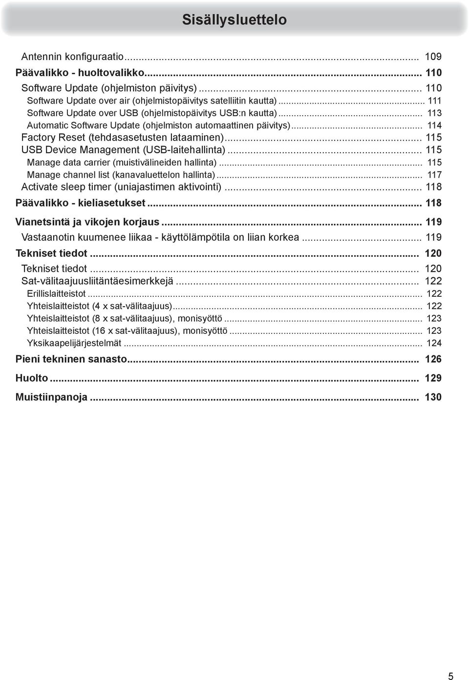 .. 115 USB Device Management (USB-laitehallinta)... 115 Manage data carrier (muistivälineiden hallinta)... 115 Manage channel list (kanavaluettelon hallinta).