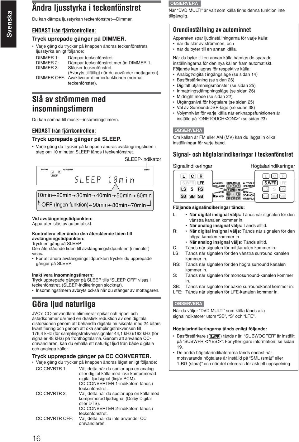 (Avbryts tillfälligt när du använder mottagaren). DIMME OFF: Avaktiverar dimmerfunktionen (normalt teckenfönster). Slå av strömmen med insomningstimern Du kan somna till musik insomningstimern.