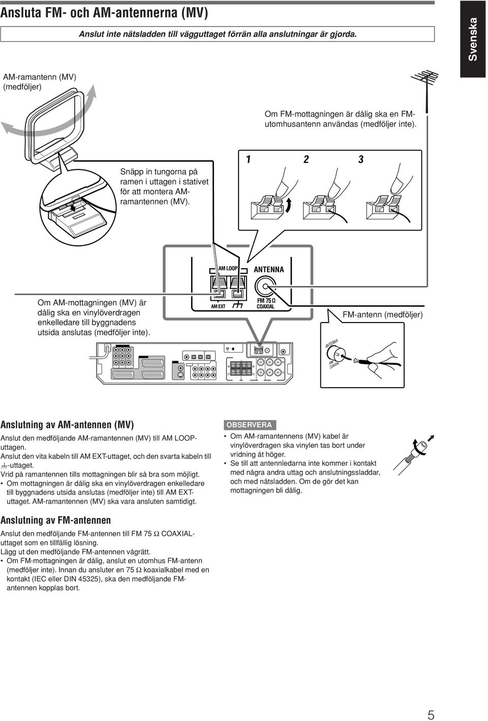 AM OOP ANTENNA Om AM-mottagningen (MV) är dålig ska en vinylöverdragen enkelledare till byggnadens utsida anslutas (medföljer inte).