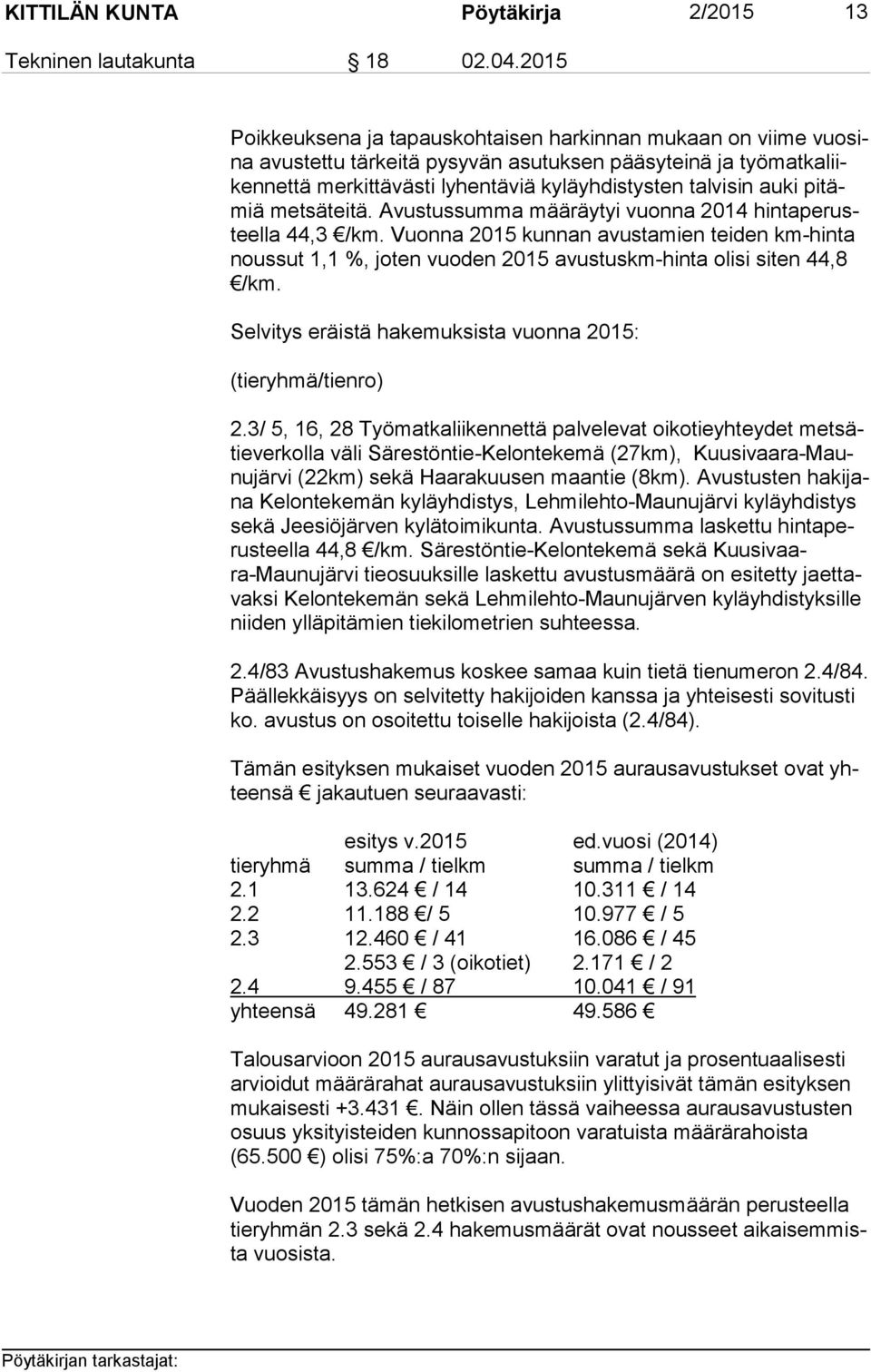 auki pi tämiä metsäteitä. Avustussumma määräytyi vuonna 2014 hin ta pe rusteel la 44,3 /km.