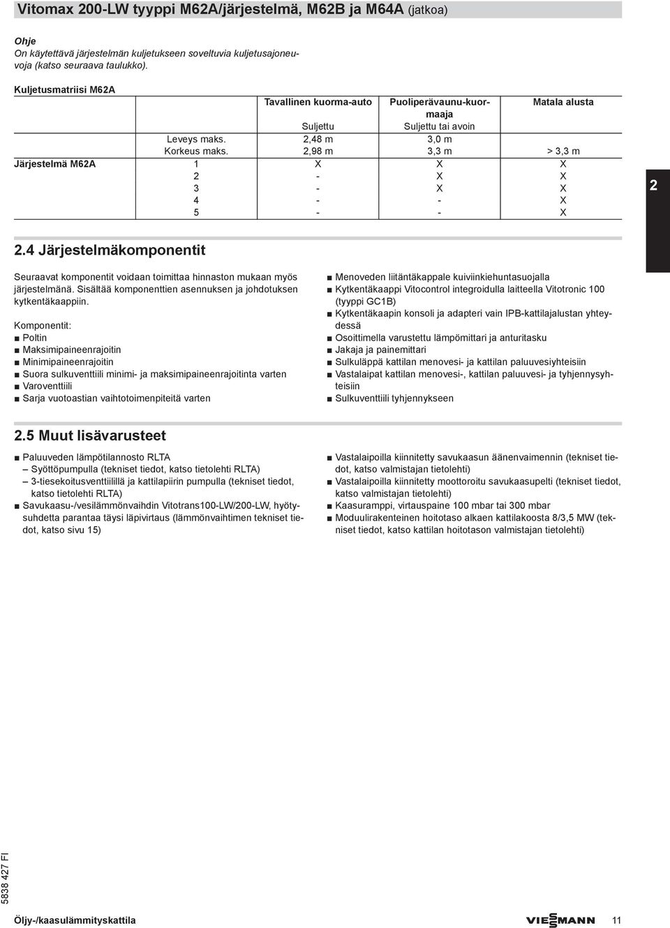 2,98 m 3,3 m > 3,3 m Järjestelmä M62A 1 X X X 2 - X X 3 - X X 4 - - X 5 - - X 2 2.4 Järjestelmäkomponentit Seuraavat komponentit voidaan toimittaa hinnaston mukaan myös järjestelmänä.