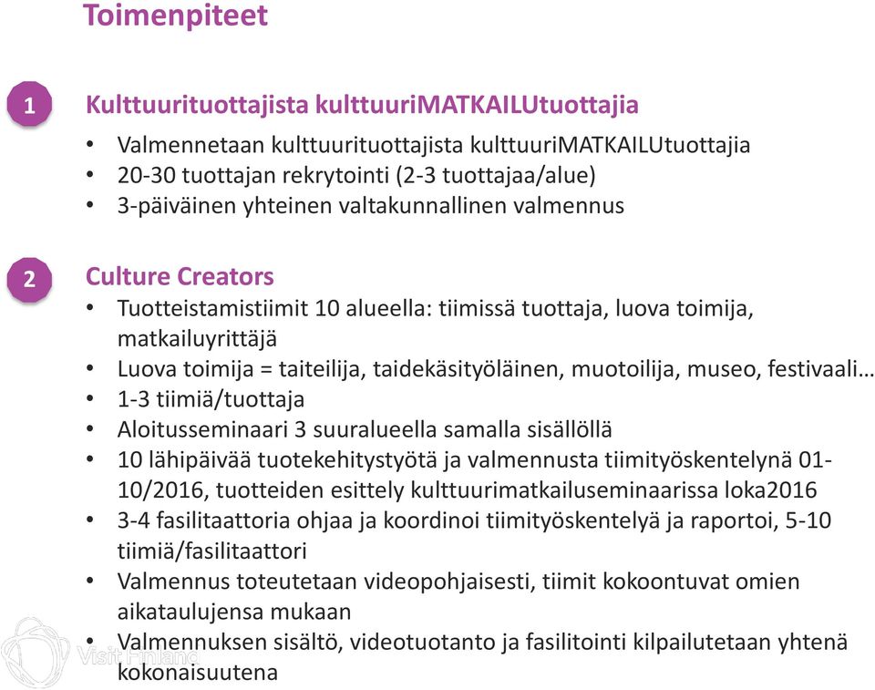 museo, festivaali 1-3 tiimiä/tuottaja Aloitusseminaari 3 suuralueella samalla sisällöllä 10 lähipäivää tuotekehitystyötä ja valmennusta tiimityöskentelynä 01-10/2016, tuotteiden esittely