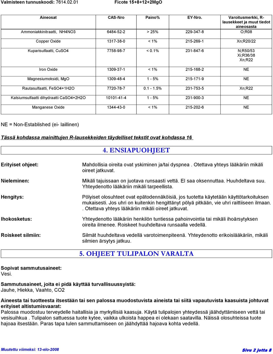 0.1% 231-847-6 N;R50/53 Xi;R36/38 Xn;R22 Iron Oxide 1309-37-1 < 1% 215-168-2 NE Magnesiumoksidi, MgO 1309-48-4 1-5% 215-171-9 NE Rautasulfaatti, FeSO4+1H2O 7720-78-7 0.1-1.