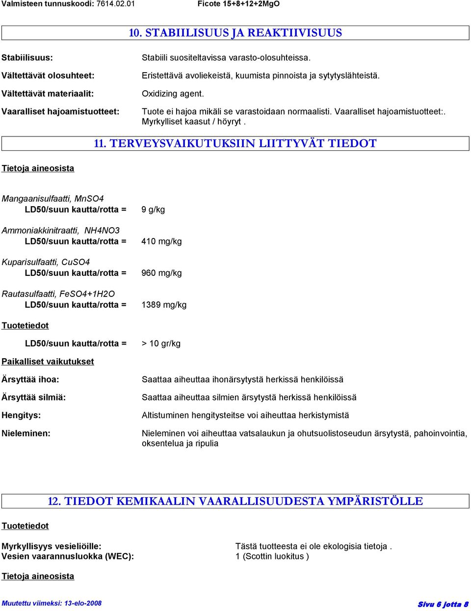 TERVEYSVAIKUTUKSIIN LIITTYVÄT TIEDOT Tietoja aineosista Mangaanisulfaatti, MnSO4 Ammoniakkinitraatti, NH4NO3 Kuparisulfaatti, CuSO4 Rautasulfaatti, FeSO4+1H2O 9 g/kg 410 mg/kg 960 mg/kg 1389 mg/kg