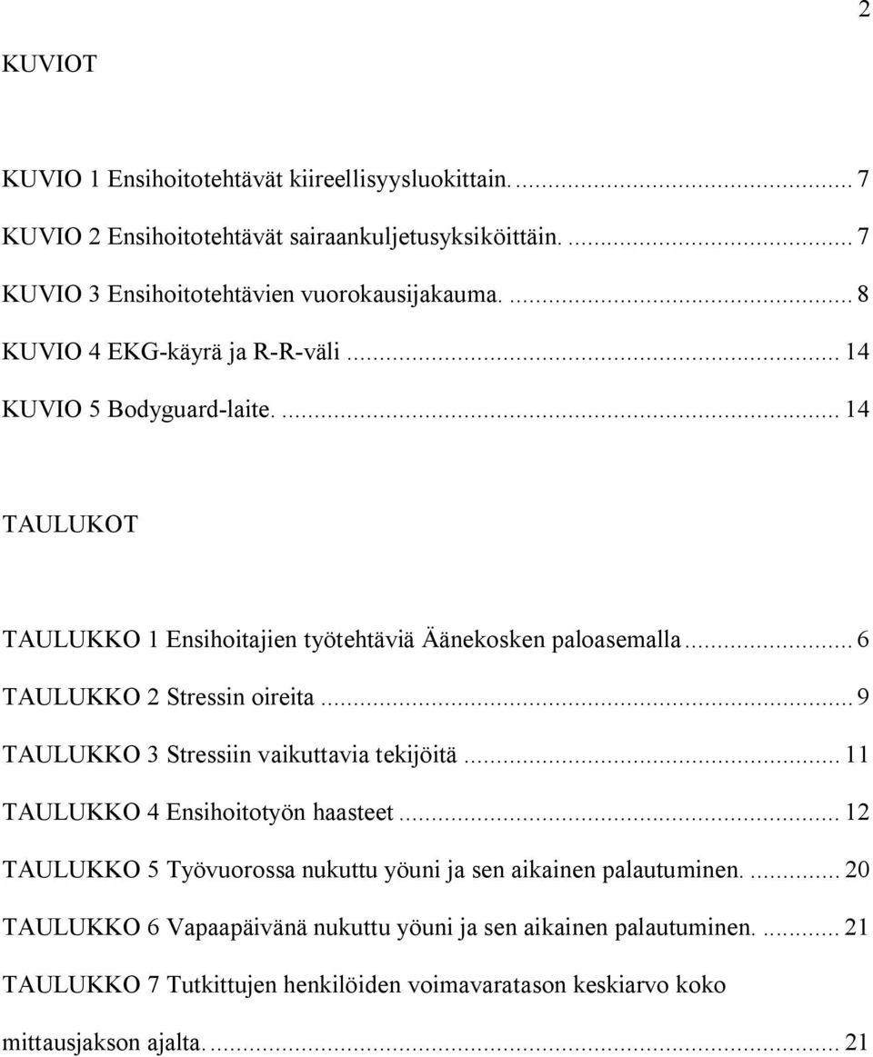 .. 6 TAULUKKO 2 Stressin oireita... 9 TAULUKKO 3 Stressiin vaikuttavia tekijöitä... 11 TAULUKKO 4 Ensihoitotyön haasteet.