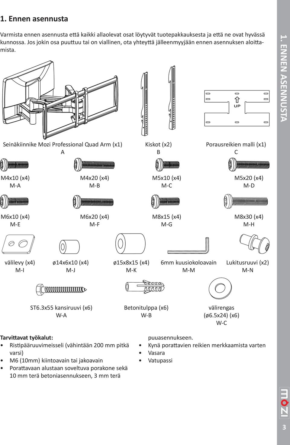 ENNEN ASENNUSTA Seinäkiinnike Mozi Professional Quad Arm (x1) A Kiskot (x2) B Porausreikien malli (x1) C M4x10 (x4) M-A M4x20 (x4) M-B M5x10 (x4) M-C M5x20 (x4) M-D M6x10 (x4) M-E M6x20 (x4) M-F