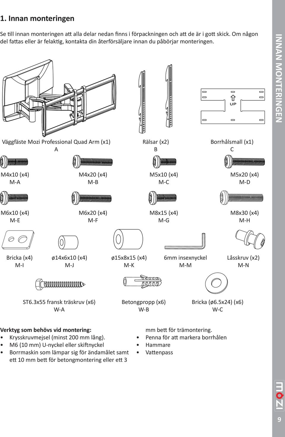 INNAN MONTERINGEN Väggfäste Mozi Professional Quad Arm (x1) A Rälsar (x2) B Borrhålsmall (x1) C M4x10 (x4) M-A M4x20 (x4) M-B M5x10 (x4) M-C M5x20 (x4) M-D M6x10 (x4) M-E M6x20 (x4) M-F M8x15 (x4)