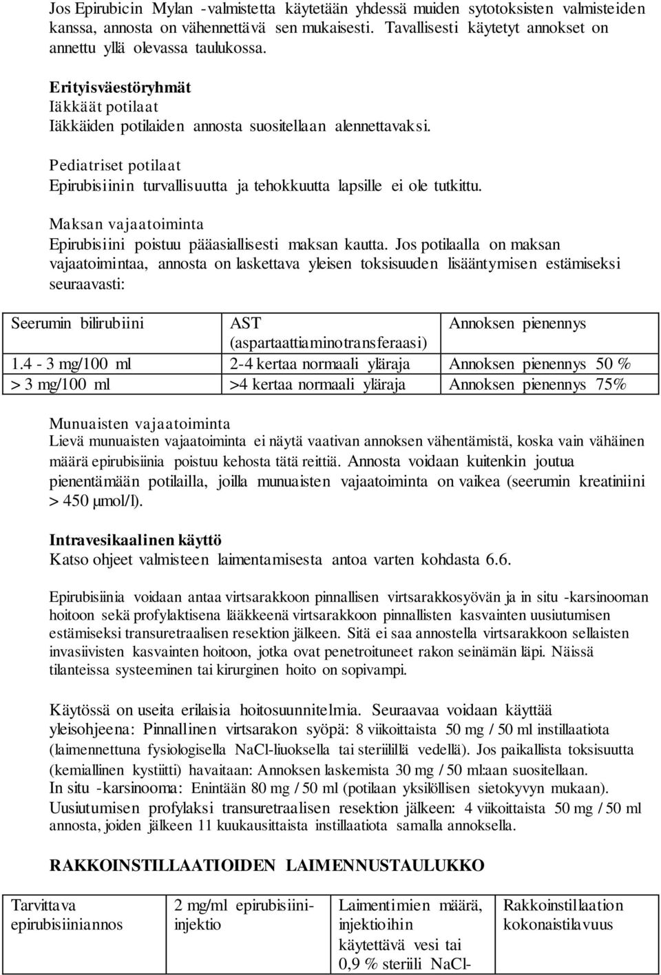 Pediatriset potilaat Epirubisiinin turvallisuutta ja tehokkuutta lapsille ei ole tutkittu. Maksan vajaatoiminta Epirubisiini poistuu pääasiallisesti maksan kautta.