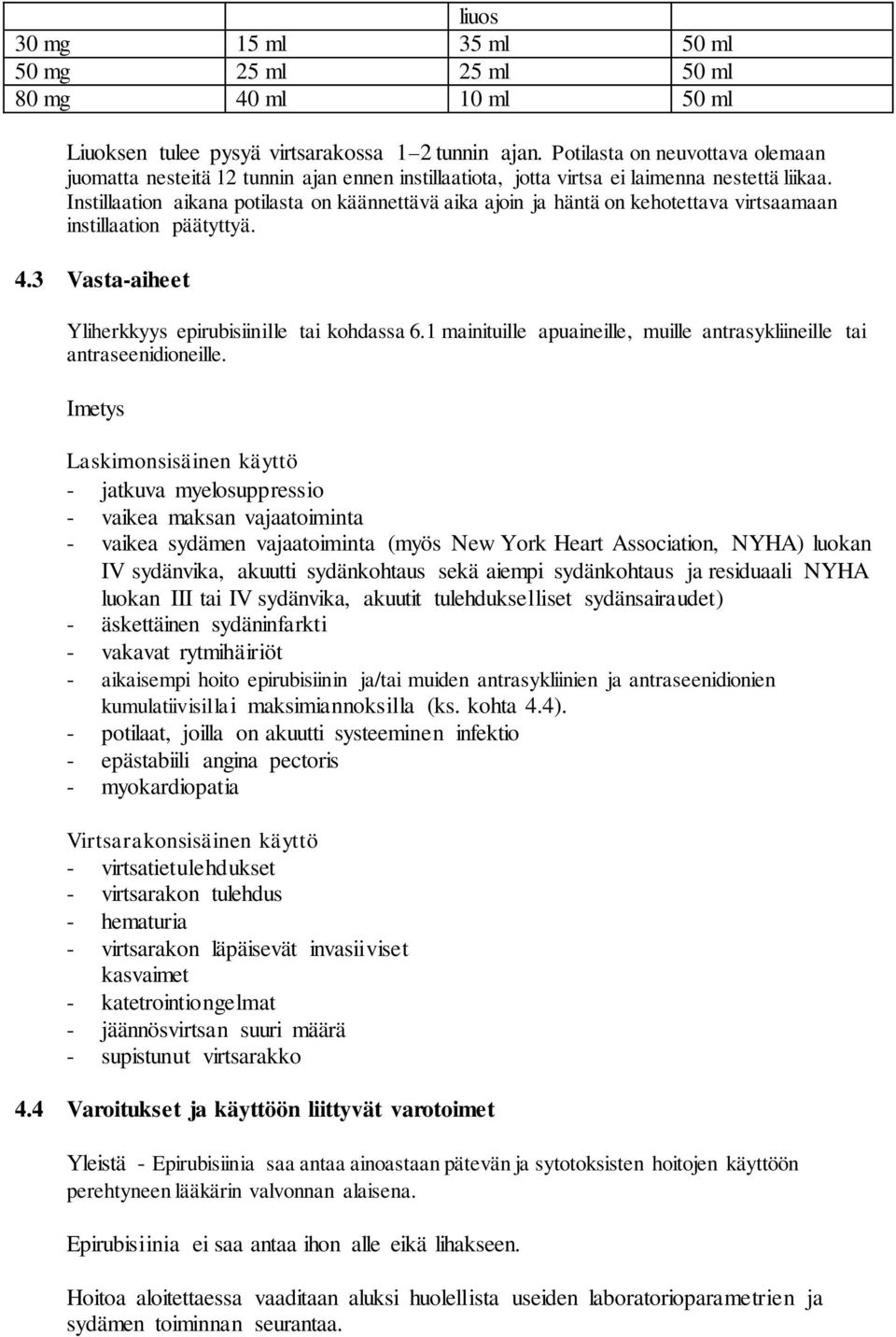 Instillaation aikana potilasta on käännettävä aika ajoin ja häntä on kehotettava virtsaamaan instillaation päätyttyä. 4.3 Vasta-aiheet Yliherkkyys epirubisiinille tai kohdassa 6.