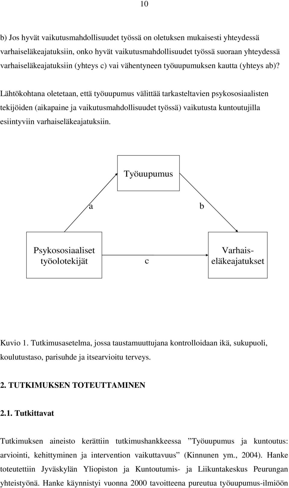 Lähtökohtana oletetaan, että työuupumus välittää tarkasteltavien psykososiaalisten tekijöiden (aikapaine ja vaikutusmahdollisuudet työssä) vaikutusta kuntoutujilla esiintyviin varhaiseläkeajatuksiin.