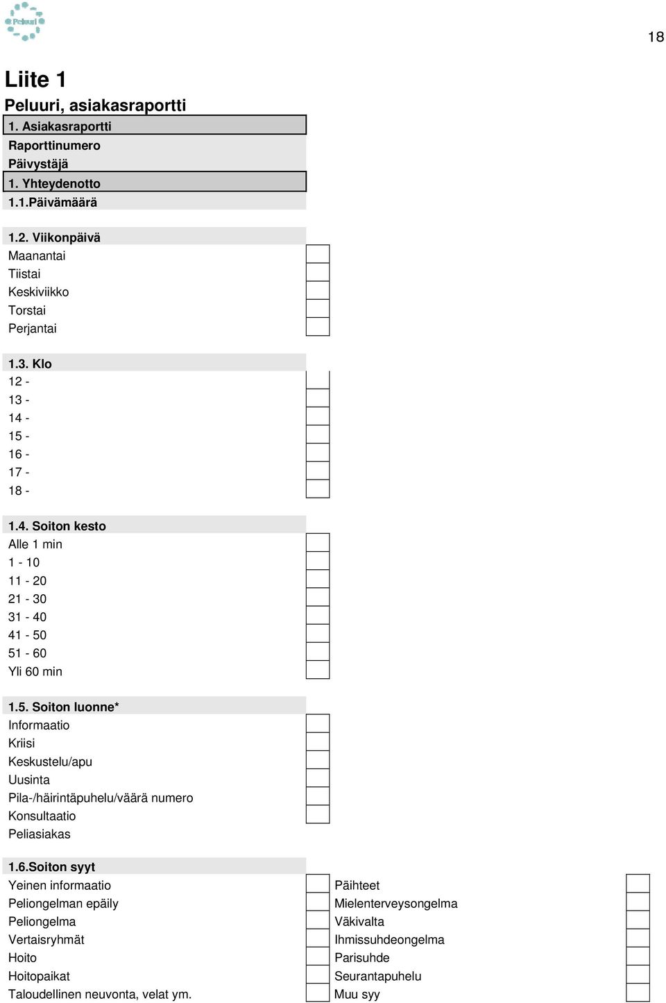 5. Soiton luonne* Informaatio Kriisi Keskustelu/apu Uusinta Pila-/häirintäpuhelu/väärä numero Konsultaatio Peliasiakas 1.6.