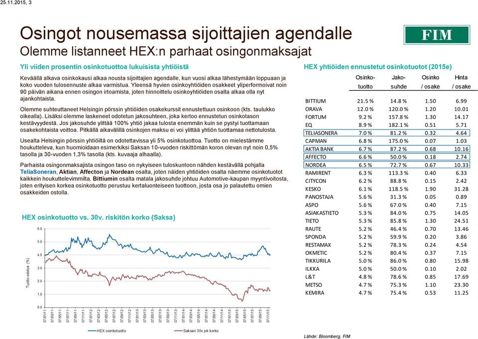 sijoittajien agendalle, kun vuosi alkaa lähestymään loppuaan ja koko vuoden tulosennuste alkaa varmistua.