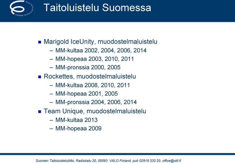 muodostelmaluistelu MM-kultaa 2008, 2010, 2011 MM-hopeaa 2001, 2005