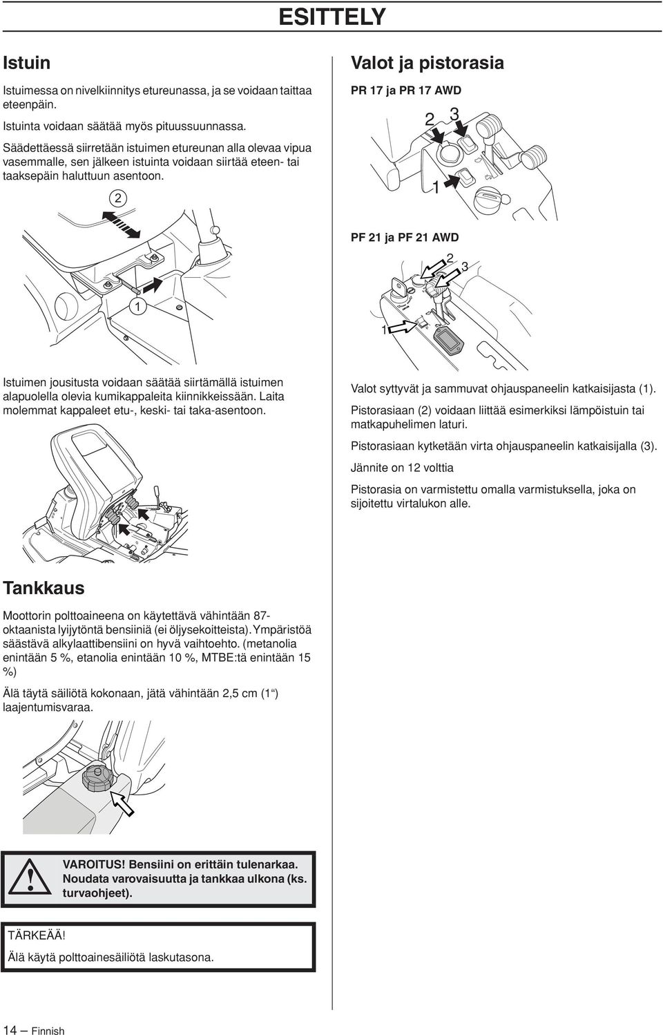 2 Valot ja pistorasia PR 17 ja PR 17 AWD 2 3 1 PF 21 ja PF 21 AWD 2 3 1 1 Istuimen jousitusta voidaan säätää siirtämällä istuimen alapuolella olevia kumikappaleita kiinnikkeissään.