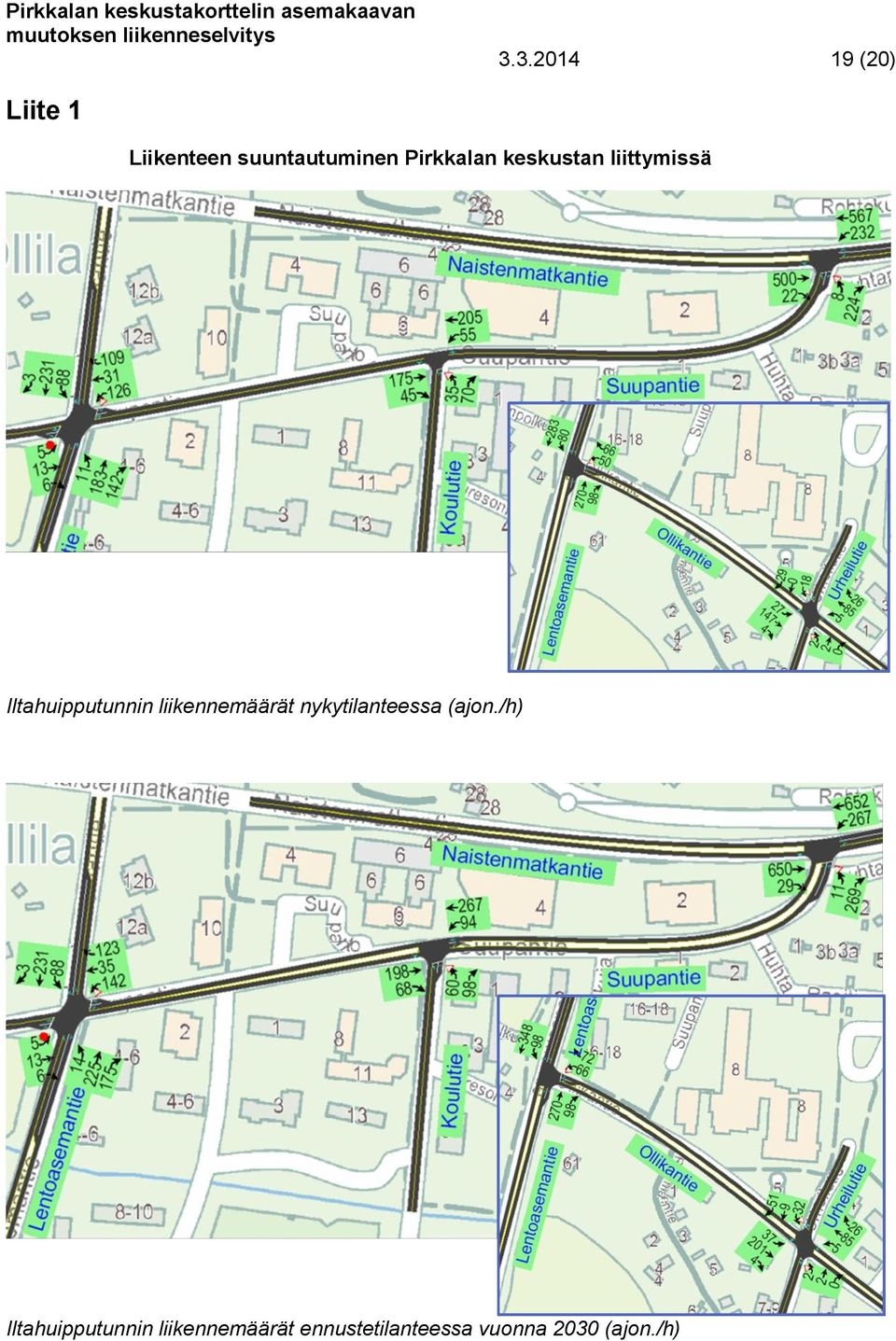 liittymissä Iltahuipputunnin liikennemäärät nykytilanteessa (ajon.